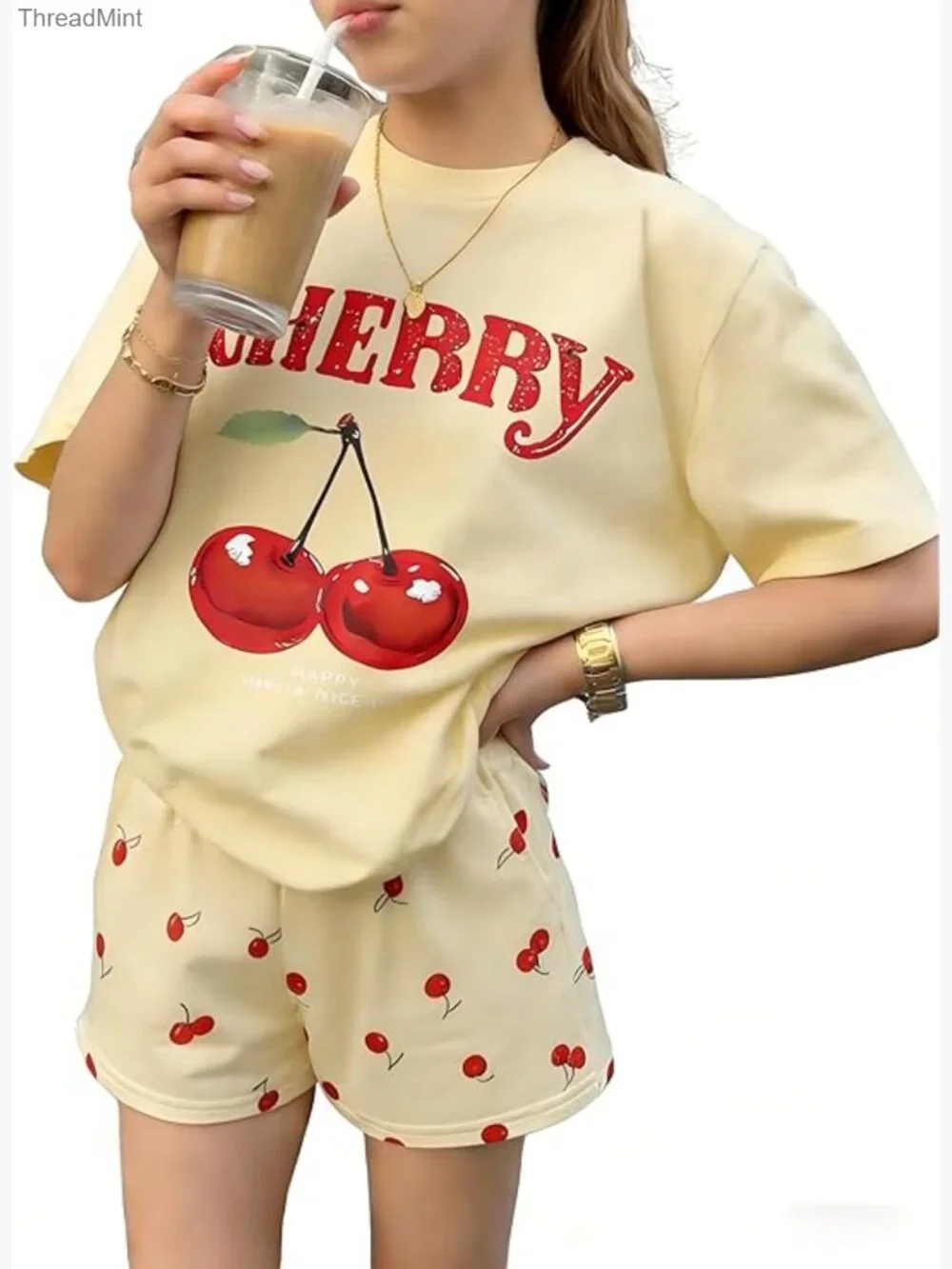 Girls Two Piece Cherry Short Set with Pockets M/L 7-14